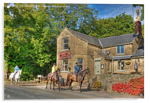 Horse riders at Royal Oak pub, Millthorpe, Derbysh Acrylic by David Birchall