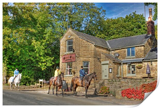Horse riders at Royal Oak pub, Millthorpe, Derbysh Print by David Birchall