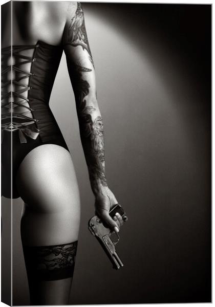 Woman in lingerie with handgun Canvas Print by Johan Swanepoel