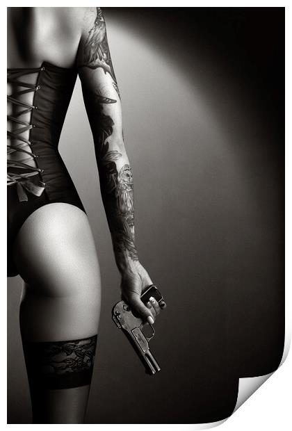 Woman in lingerie with handgun Print by Johan Swanepoel
