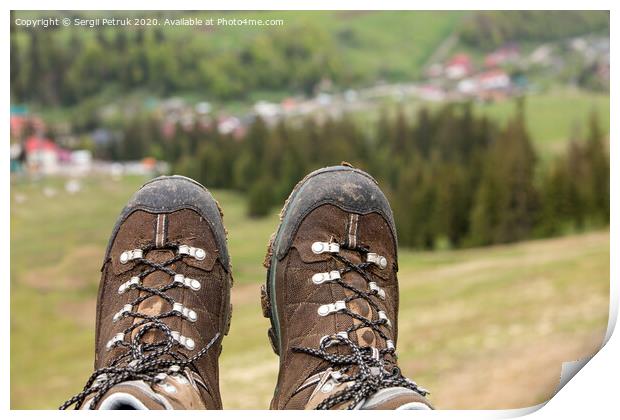 Mountain trekking boots close-up after a long journey through the mountains Print by Sergii Petruk
