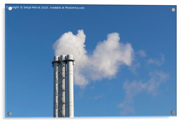 White smoke comes from a white chimney pipe on a background of blue sky. Acrylic by Sergii Petruk
