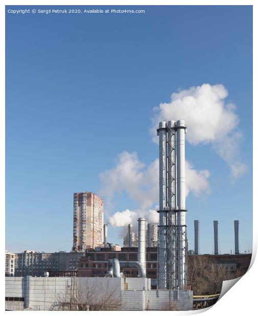 White smoke comes from a white chimney heat station pipe on a blue sky background. Print by Sergii Petruk