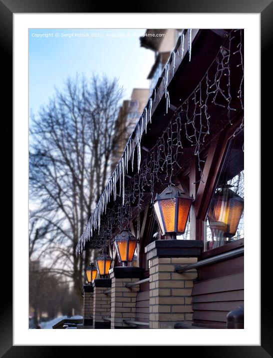 bright street lights near the restaurant illuminate the early spring morning Framed Mounted Print by Sergii Petruk
