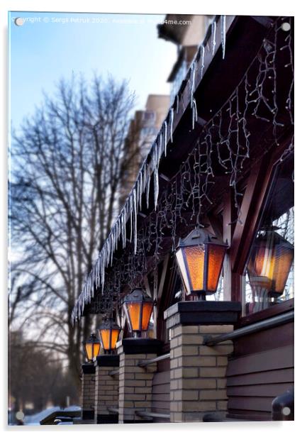 bright street lights near the restaurant illuminate the early spring morning Acrylic by Sergii Petruk