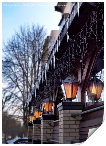 bright street lights near the restaurant illuminate the early spring morning Print by Sergii Petruk