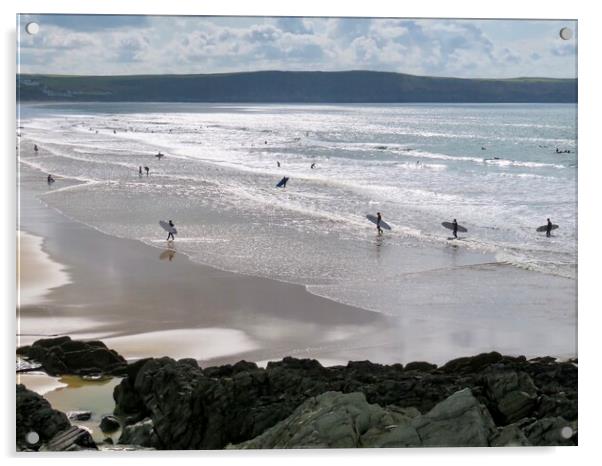 Riding the Waves at Woolacombe Beach Acrylic by Beryl Curran