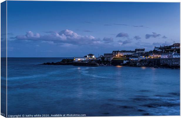 Coverack at night with calm sea Canvas Print by kathy white