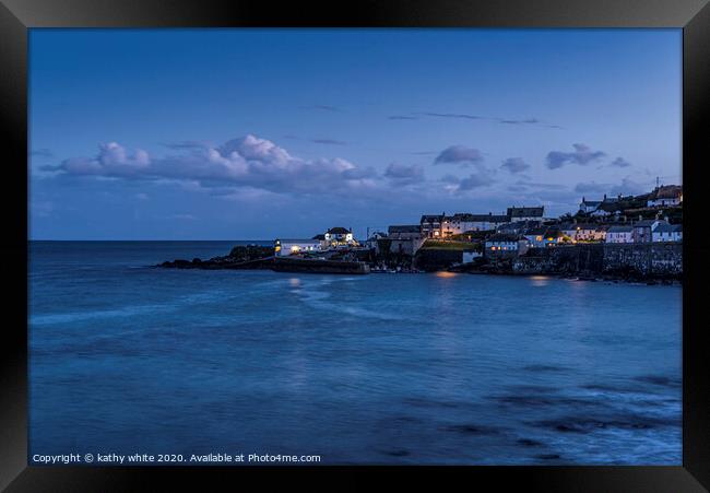 Coverack at night with calm sea Framed Print by kathy white