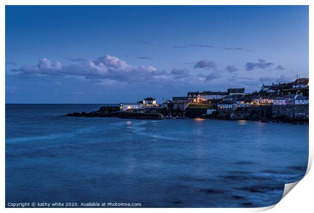 Coverack at night with calm sea Print by kathy white