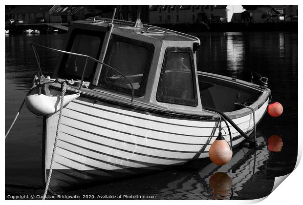 Fishing boat in harbour Print by Christian Bridgwater