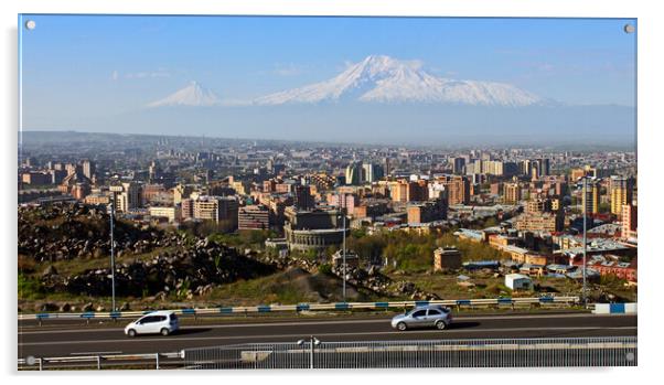 Legendary mount Ararat and Yerevan city. Acrylic by Mikhail Pogosov