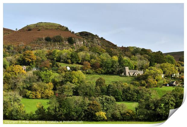 St. Martin's Church, Cwmyoy in Autumn. Print by Philip Veale