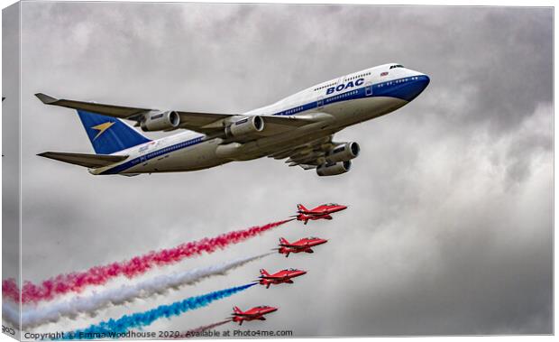 BOAC 747 and Red Arrows Canvas Print by Emma Woodhouse