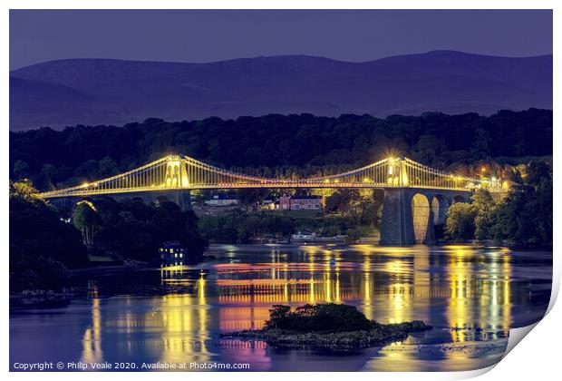 Menai Suspension Bridge: Night Reflection. Print by Philip Veale