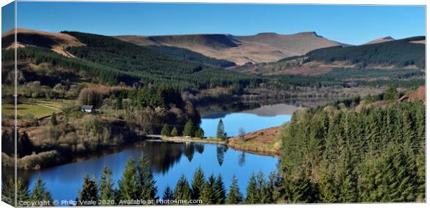 Brecon Beacons and Pentwyn Reservoir Reflection. Canvas Print by Philip Veale