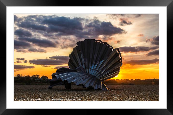 Large shell sculpture at Aldburgh beach Framed Mounted Print by Julia Watkins