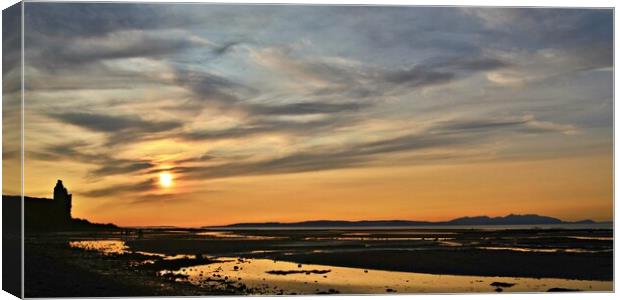 Ayr`s moody Greenan beach  and Arran sunset Canvas Print by Allan Durward Photography
