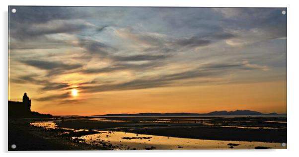 Ayr`s moody Greenan beach  and Arran sunset Acrylic by Allan Durward Photography