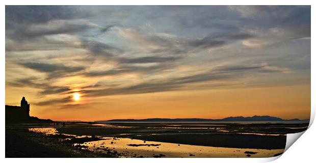 Ayr`s moody Greenan beach  and Arran sunset Print by Allan Durward Photography