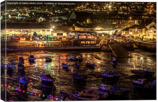 Porthleven  Cornwall Christmas ,lights with boats  Canvas Print by kathy white