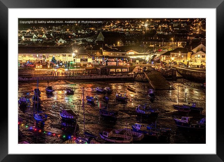 Porthleven  Cornwall Christmas ,lights with boats  Framed Mounted Print by kathy white