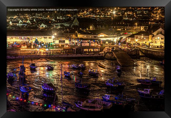 Porthleven  Cornwall Christmas ,lights with boats  Framed Print by kathy white