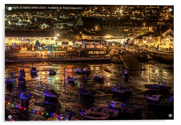 Porthleven  Cornwall Christmas ,lights with boats  Acrylic by kathy white