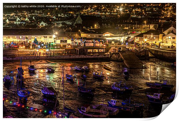 Porthleven  Cornwall Christmas ,lights with boats  Print by kathy white