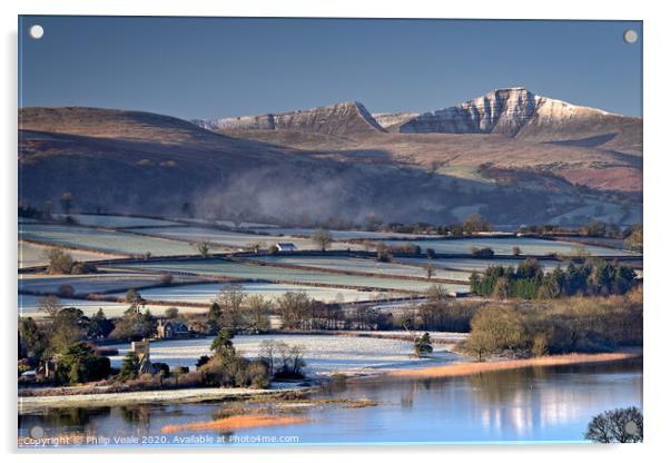 Llangorse Lake and Brecon Beacons as Winter Dawn's Acrylic by Philip Veale
