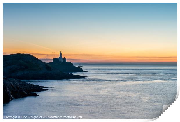 Trawler passing Mumbles lighthouse Print by Bryn Morgan