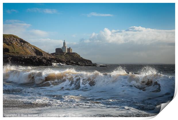 Mumbles lighthouse and wave Print by Bryn Morgan