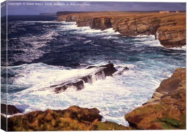 Birsay Bay, Orkney seen with Atlantic waves crashing in the rocky coastline Canvas Print by Navin Mistry