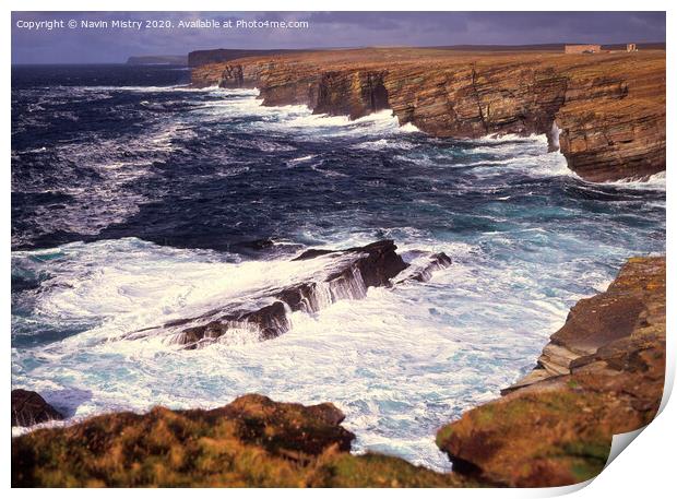 Birsay Bay, Orkney seen with Atlantic waves crashing in the rocky coastline Print by Navin Mistry