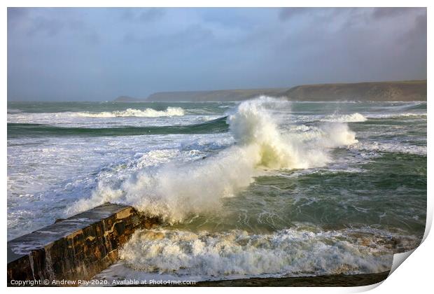 Breaking wave over Sennen Pier Print by Andrew Ray