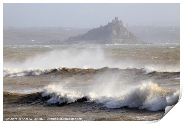 Incoming wave at  Penzance Print by Andrew Ray