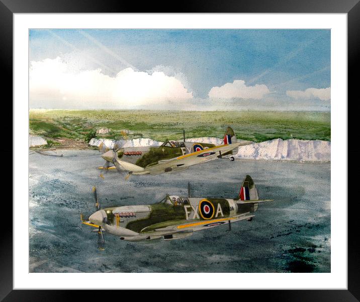 A Pair of Spitfires over The White Cliffs Framed Mounted Print by John Lowerson