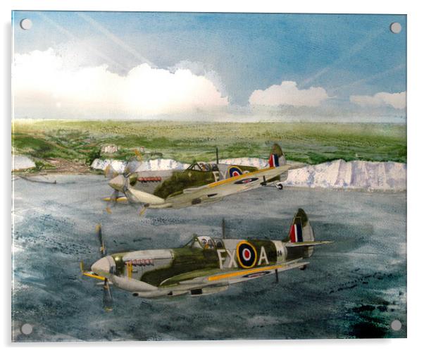 A Pair of Spitfires over The White Cliffs Acrylic by John Lowerson
