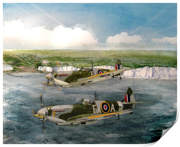 A Pair of Spitfires over The White Cliffs Print by John Lowerson