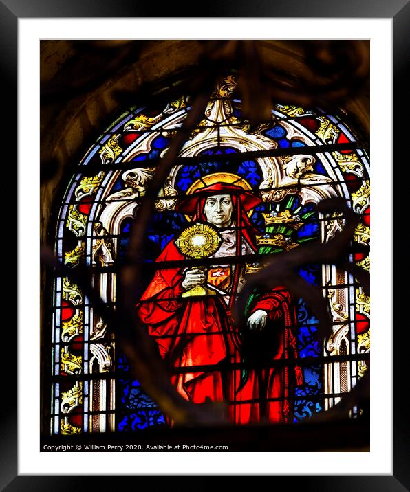 Red Cardinal Stained Glass Salamanca Cathedral Spain Framed Mounted Print by William Perry