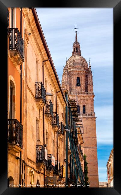 Stone Tower New Salamanca Cathedral City Street Salamanca Castile Spain Framed Print by William Perry