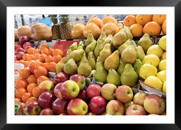 oranges, apples, pears, pineapple, pomegranate, pumpkin, persimmonlie on the market counter for sale Framed Mounted Print by Sergii Petruk