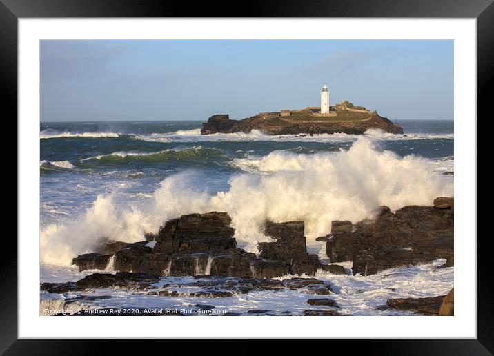 Stormy sea at Godrevy Framed Mounted Print by Andrew Ray