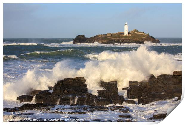 Stormy sea at Godrevy Print by Andrew Ray
