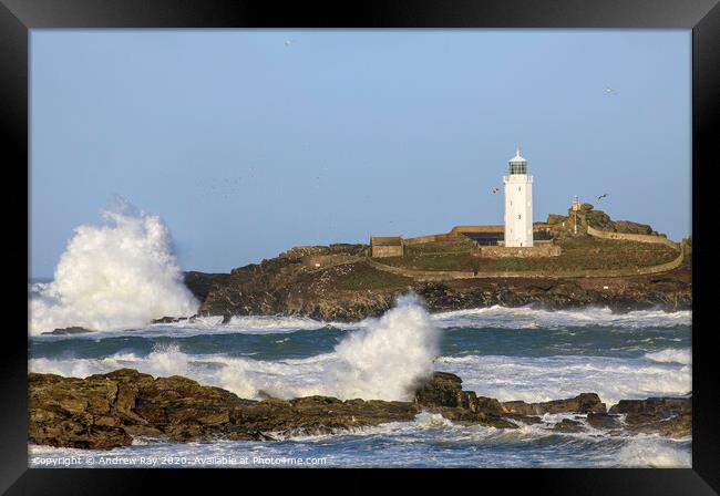 Rough sea at Godrevy Lighthouse  Framed Print by Andrew Ray
