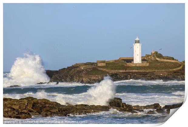Rough sea at Godrevy Lighthouse  Print by Andrew Ray