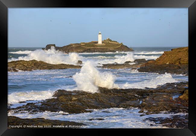 Rough sea at Godrevy  Framed Print by Andrew Ray