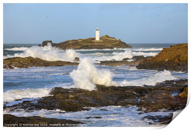 Rough sea at Godrevy  Print by Andrew Ray