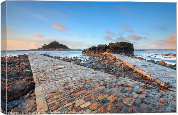 Double Causeway at sunrise (St Michael's Mount) Canvas Print by Andrew Ray