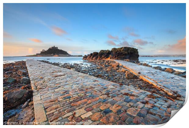 Double Causeway at sunrise (St Michael's Mount) Print by Andrew Ray